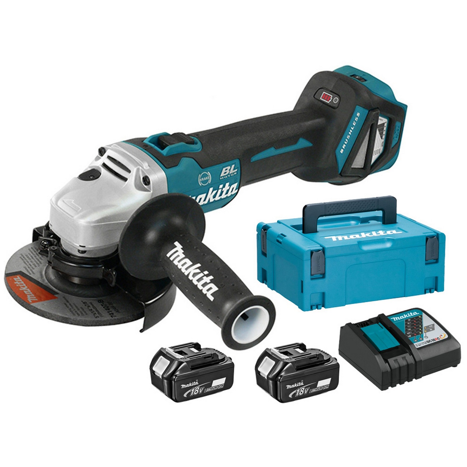 Image of makita smerigliatrice 18v con 2 batterie 5ah dga513rtj cod:ferx.2395