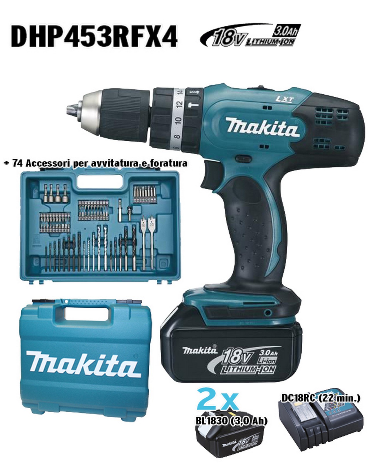 Image of makita superkit 18v 3 ah dhp453rfx4 con 2 batterie cod:ferx.97041