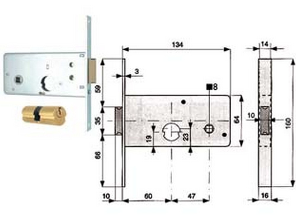 Image of 2pz serratura infilare per fasce catenaccio 2 mandate e scrocco mm.64 h 805 - mm.60 (805.60.1) cod:ferx.fer52139