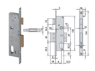 serratura da infilare per montanti catenaccio e scrocco 2 mandate 44225 - mm.18 (44225180) cod:ferx.fer244374