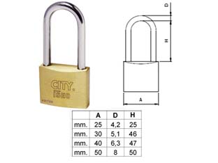 10pz lucchetto ottone arco lungo "aditus city" p700 - mm.25 (p70025257) cod:ferx.fer321358