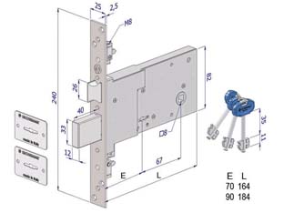 serratura triplice da infilare per fasce doppia mappa mm.82 h 2008 - mm.70 cod:ferx.fer351614