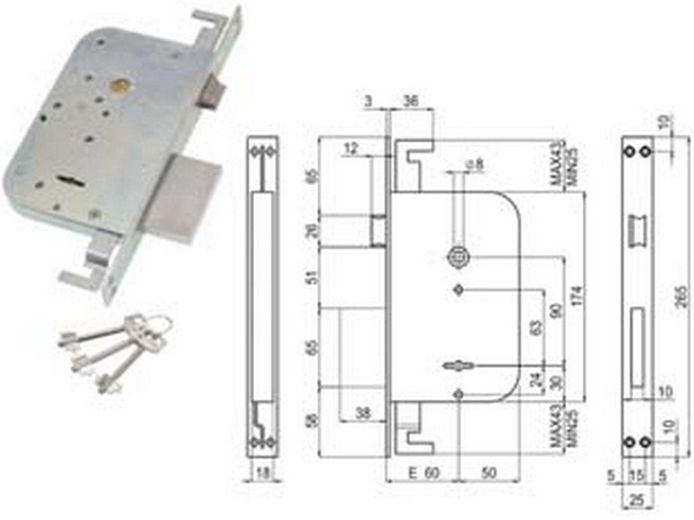 serratura triplice da infilare d. mappa con scrocco e catenaccio 600/3 - mm.60 (00600 30 60 3c 00) cod:ferx.fer404174