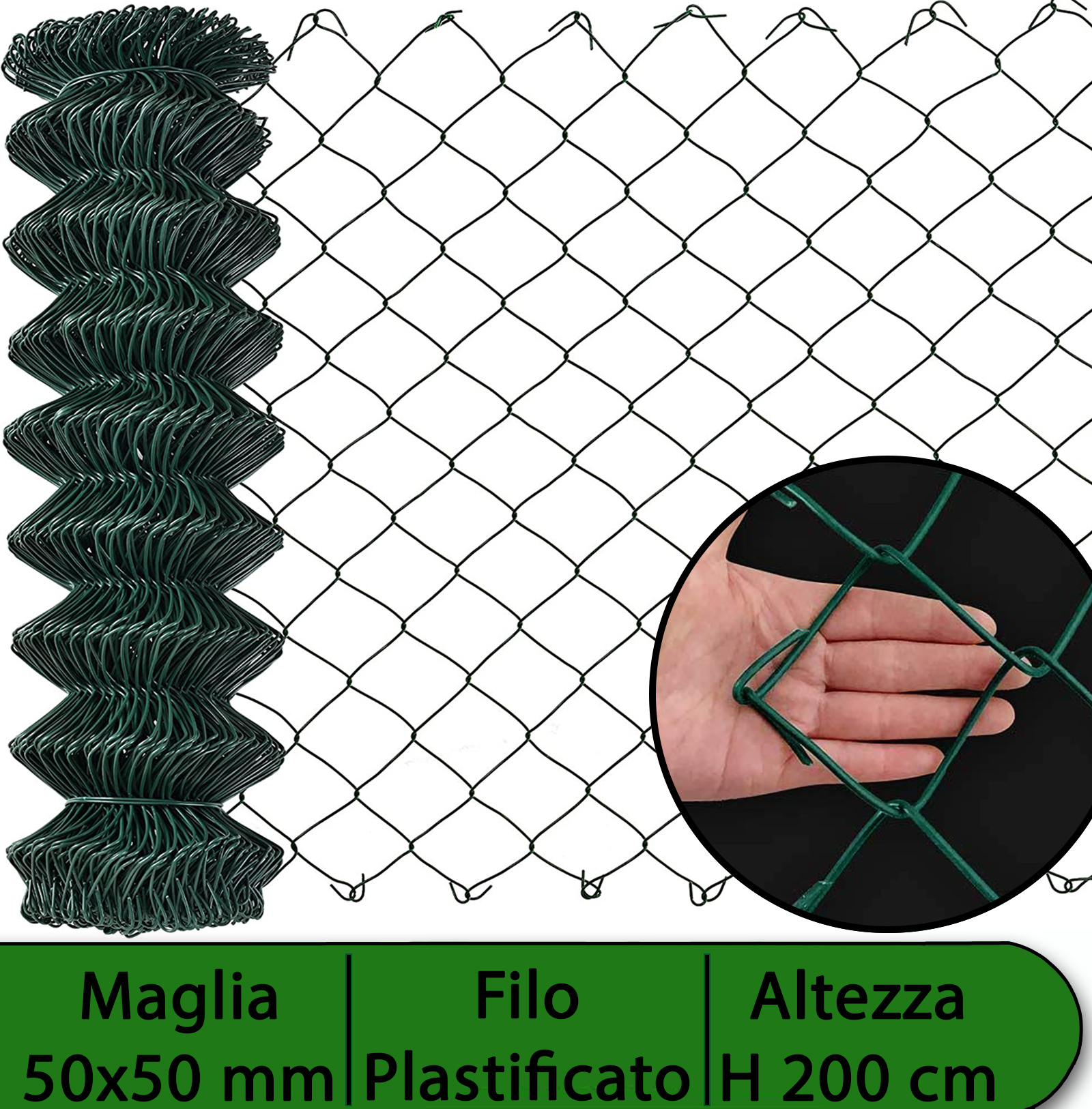 1 pz rete per recinzione plastificata altezza h 200 cm maglia sciolta 50x50 mm filo ø 2,3 mm lughezza rotolo da 25 mt per recinzione verde cod:ferx.mi.20