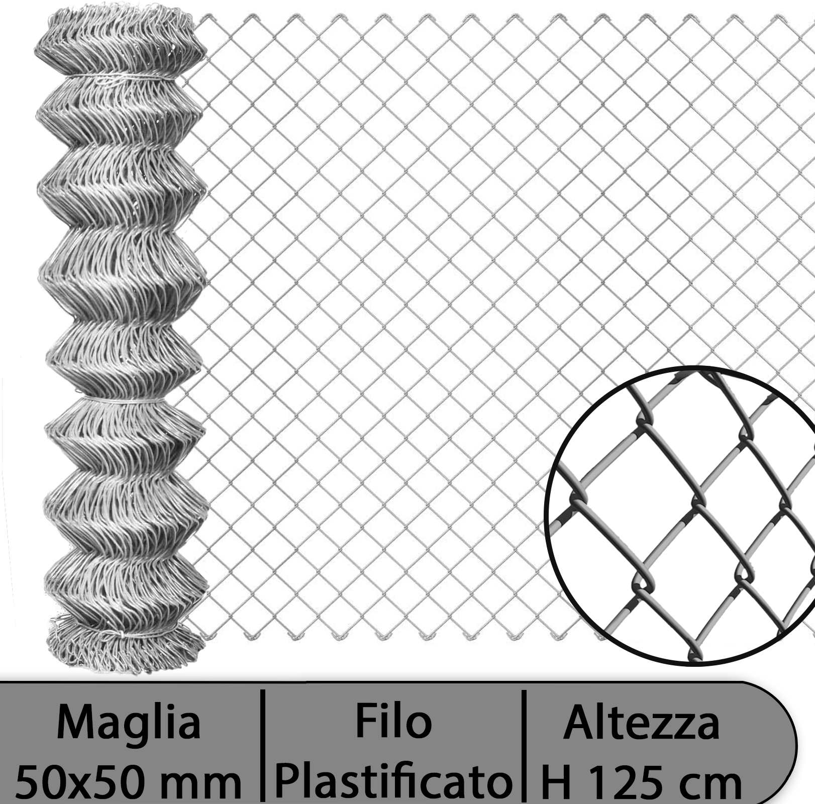 2pz rete per recinzione zincata altezza h 125 cm maglia sciolta 50x50 mm filo ø 1,7 mm lughezza rotolo da 25 mt per recinzione grigio cod:ferx.mi.12