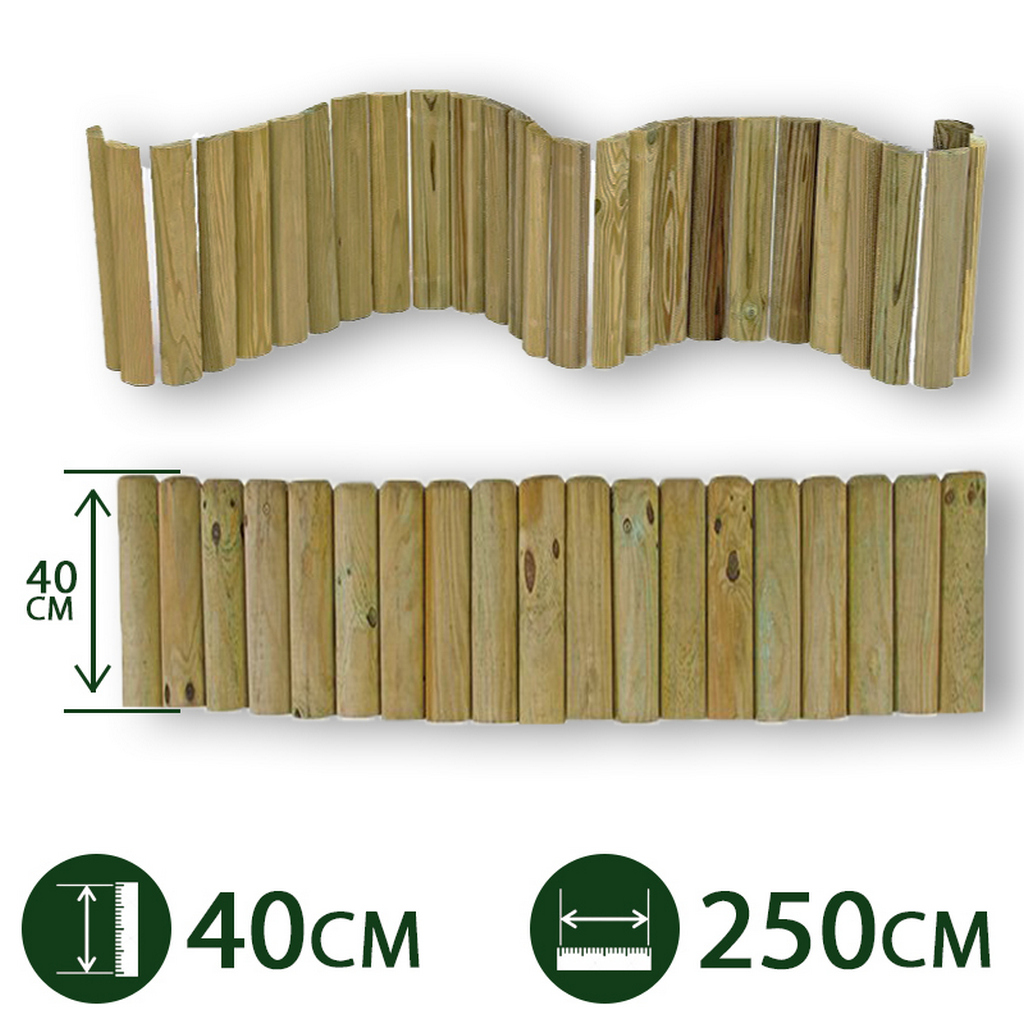 2pz bordure per aiuole rollborder srotolabile ø 5 cm 250 x 40 h in legno di pino impregnato per fioriere giardini aiuola fiori cod:ferx.pali.23