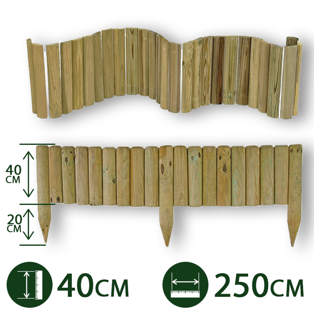 2pz bordure per aiuole "flessibile" ø 5 cm 250 x 40 h in legno di pino impregnato da esterno per fioriere giardini aiuola cod:ferx.pali.26.1