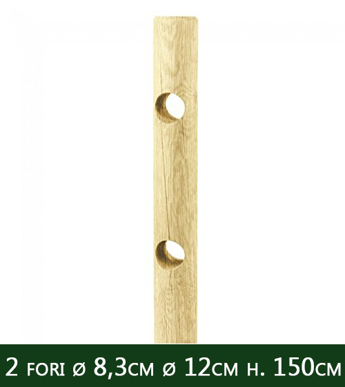 palo in legno ø cm 12x150 h ø 2 fori passanti ø 8,3 cm con punta trattati impregnati per staccionata o steccato per recinzione pali tondi forati cod:ferx.reti.62.3.stock.s