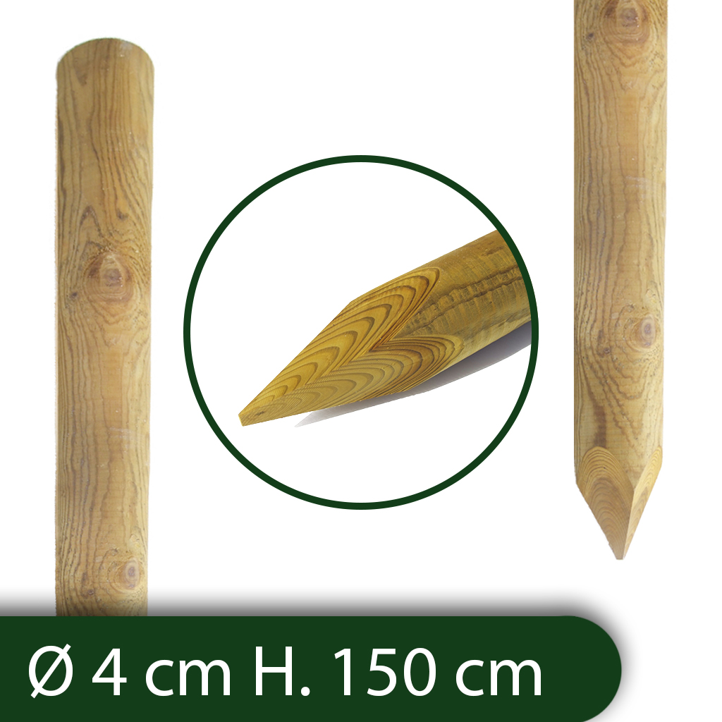 10pz pali tondi in legno ø cm 4 altezza cm 150 h con punta trattati ed impregnati per recinto/staccionata/steccato palo tondo cod:ferx.reti.1.stock