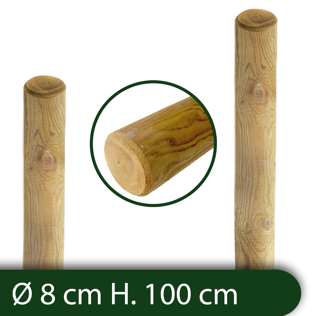 10pz pali in legno ø cm 8 altezza cm 100 h tondi senza punta trattati impregnati per recinzione staccionata/steccato palo tondo cod:ferx.reti.65.1.stock