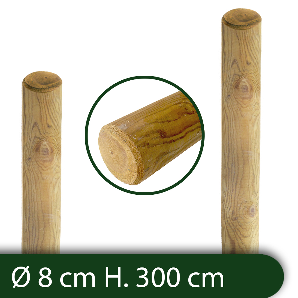 pali in legno ø cm 8 altezza cm 300 h tondi senza punta trattati impregnati per recinzione staccionata/steccato palo tondo cod:ferx.reti.68.1.stock.s