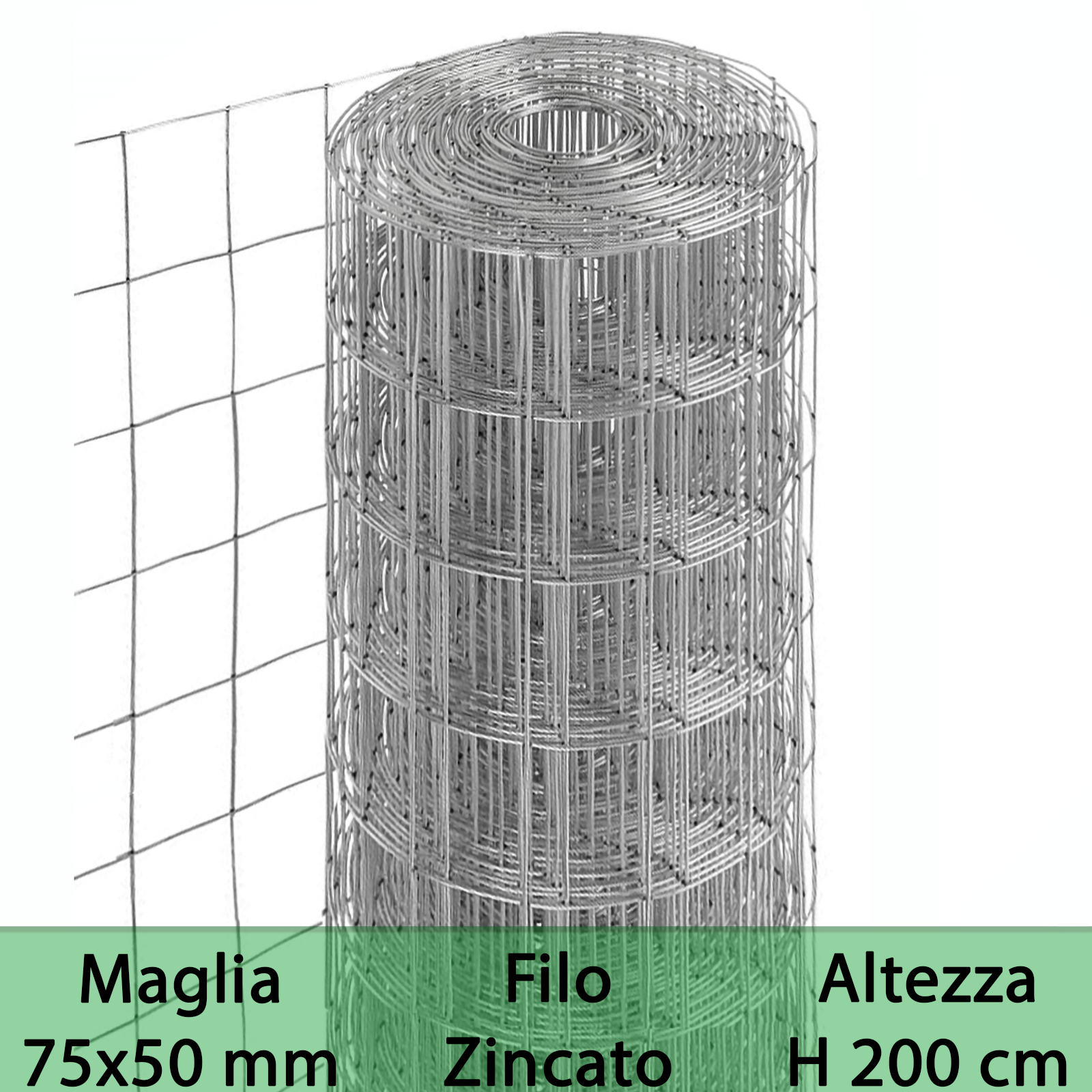 1 pz rete per recinzione zincata altezza h 200 cm maglia elettrosaldata 75x50 mm filo ø 1,7 mm lughezza rotolo da 25 mt per recinzione grigio cod:ferx.mi.5