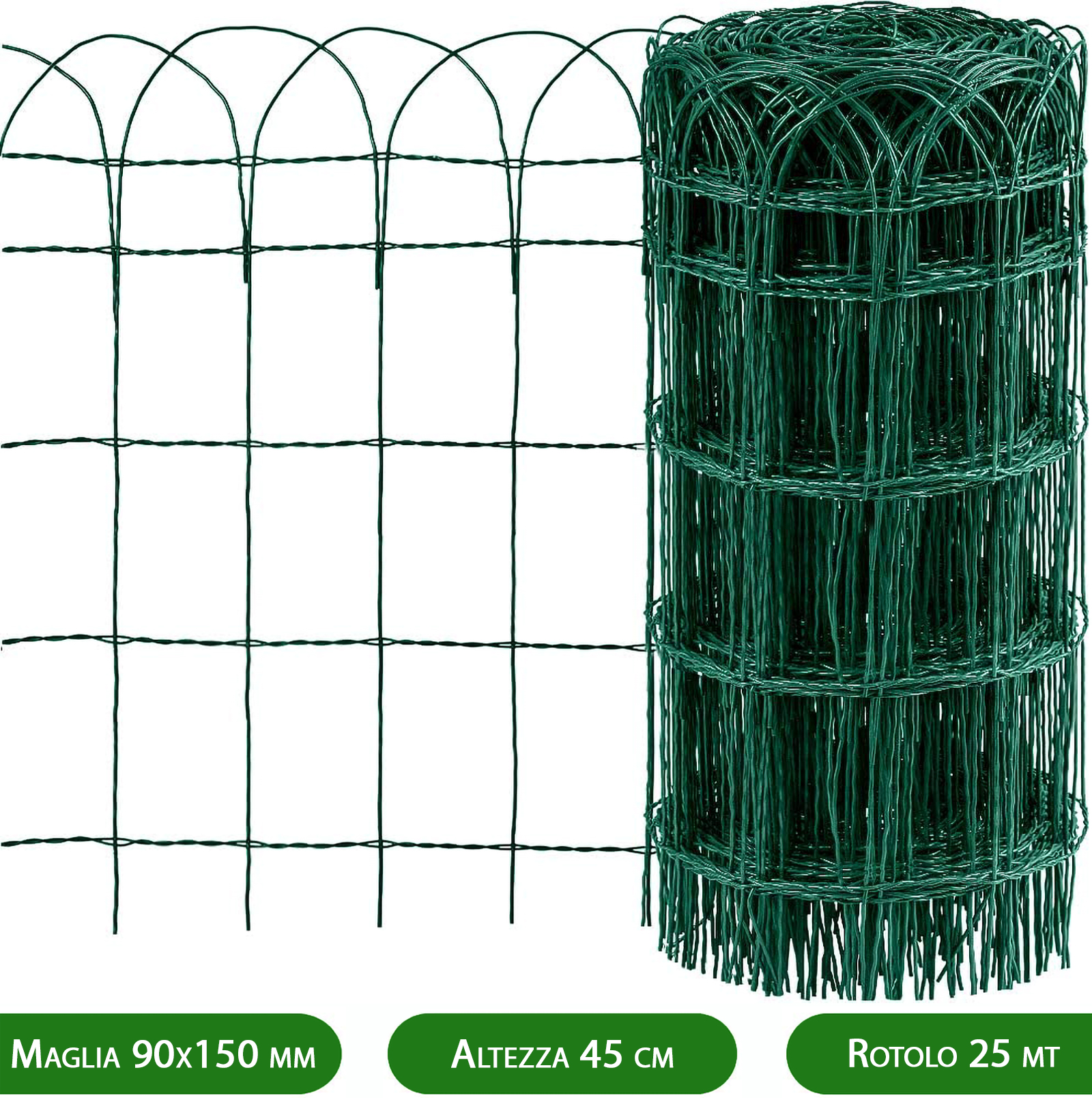 1 pz rete per recinzione ornamentale plastificata altezza h 45 cm maglia intrecciata 90x150 mm filo ø 2,8 mm lughezza rotolo da 25 mt verde cod:ferx.mi.157.stock.s