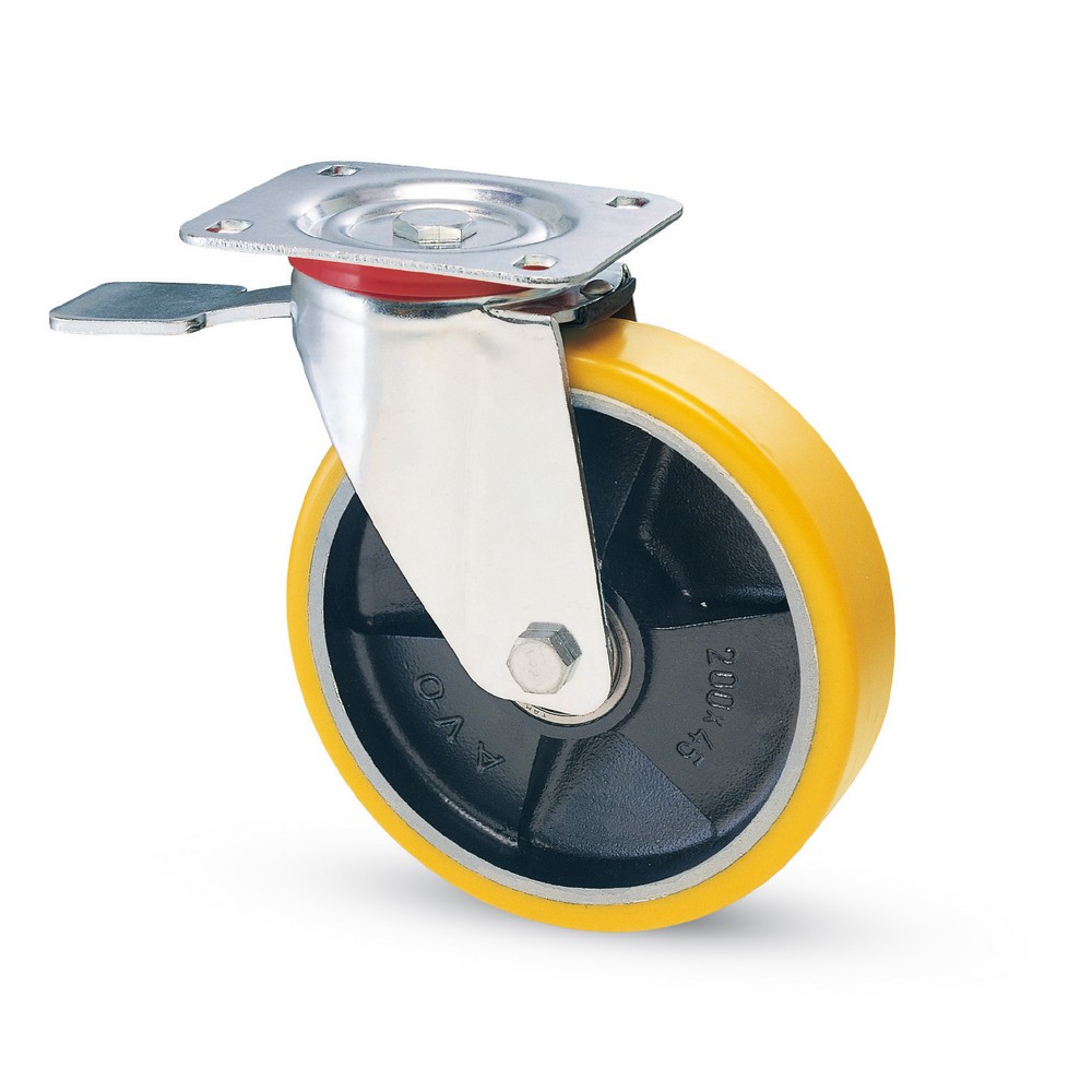 ruota girevole per carrelli poliuretano+freno art.24 mm.125-piastra mm.100x85 cod:ferx.vit44713