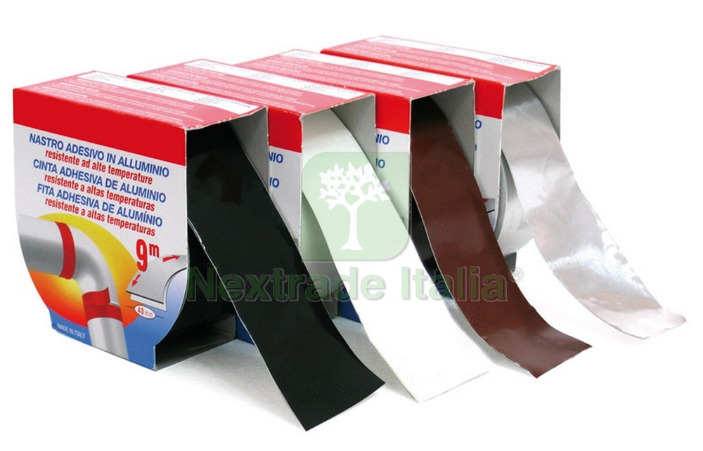 1PZ NASTRO ADESIVO PER TUBI STUFA ALTE TEMPERATURE MM 40X9 MT. COL. ALLUMINIO: - Foto 2 di 3